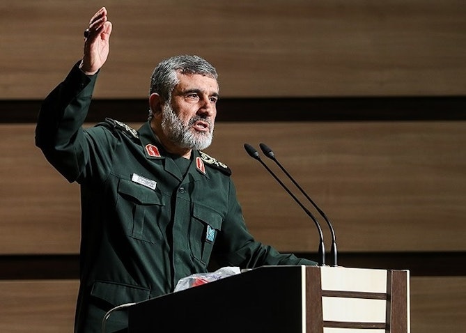 Amir Ali Hajizadeh, the commander of the Islamic Revolutionary Guard Corps (IRGC) Aerospace Force giving a speech at a conference in Tehran, Iran on ّFeb. 24, 2019. (Photo by Hamed Malekpour via Tasnim News Agency)