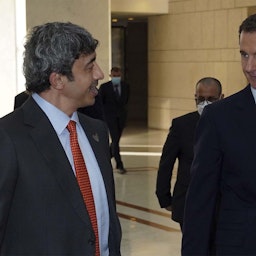 Syrian President Bashar Al-Assad meets Emirati Foreign Minister Sheikh Abdullah bin Zayed Al Nahyan in Damascus, Syria on Nov. 9, 2021. (Photo via SANA News Agency)