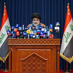 Muqtada Al-Sadr gives a news conference in Najaf, Iraq on Nov. 18, 2021. (Photo via Getty Images)