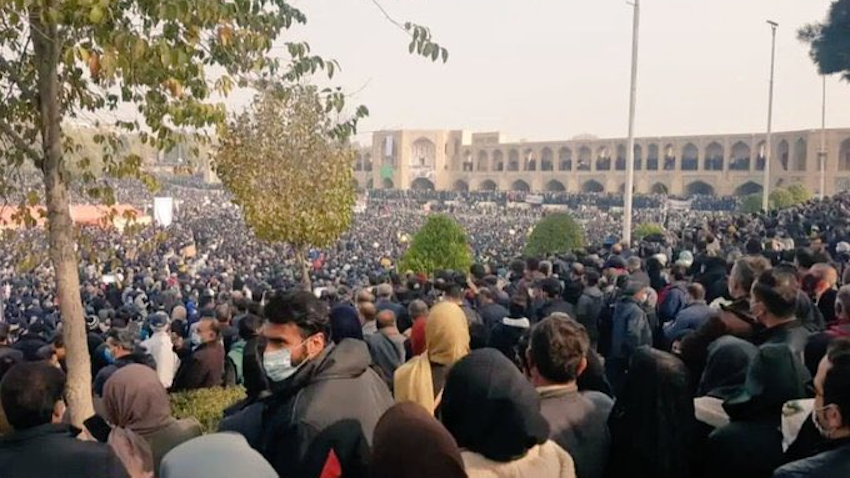 Protesters gather on the dried-up Zayandeh River in Isfahan, Iran on Nov. 19, 2021. (Photo via social media)