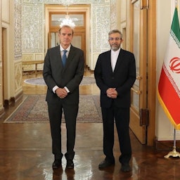 Iranian Deputy Foreign Minister Ali Baqeri-Kani and EU Deputy Foreign Policy Chief Enrique Mora in Tehran, Iran on Oct. 14, 2021. (Photo via Iranian foreign ministry)