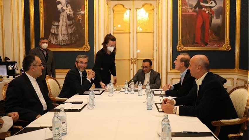 Iran's chief negotiator Ali Baqeri-Kani and EU nuclear coordinator Enrique Mora in a meeting in Vienna on Nov. 30, 2021 (Photo Via Tasnim News Agency)