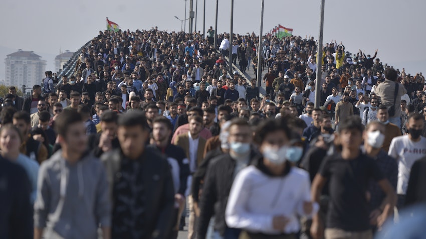 Hundreds of students demonstrate at the University of Suleimani in Sulaimaniyah, Iraq on Nov. 23, 2021. (Photo via Getty Images)