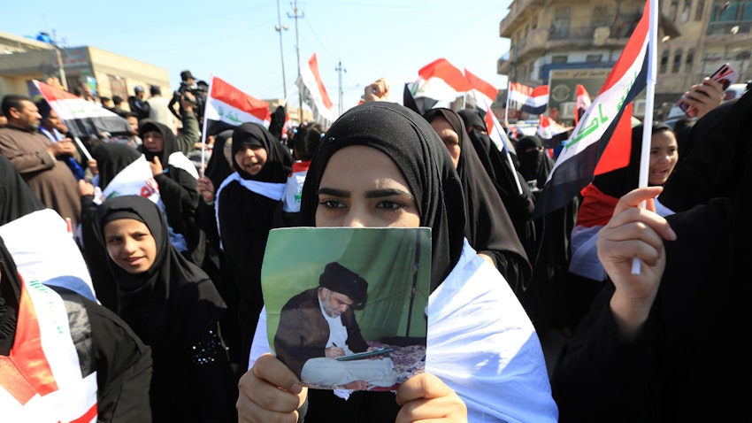 Female supporters of Shiite cleric Muqtada Al-Sadr take part in a demonstration in Kufa, Iraq on Feb. 14, 2020. (Photo via Getty Images)