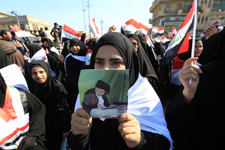 Female supporters of Shiite cleric Muqtada Al-Sadr take part in a demonstration in Kufa, Iraq on Feb. 14, 2020. (Photo via Getty Images)