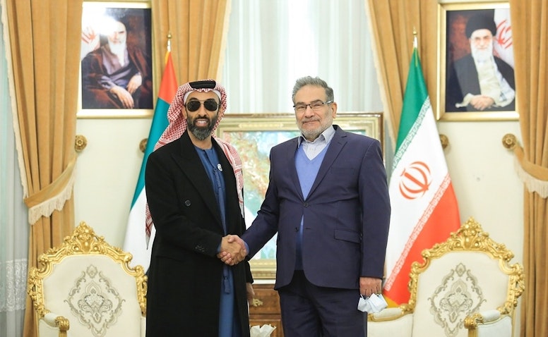  Emirati National Security Advisor Sheikh Tahnoon bin Zayed Al Nahyan (TbZ) and the secretary of Iran's Supreme National Security Council Ali Shamkhani in Tehran on Dec. 6, 2021. (Photo by Sajjad AliHemmati via YJC)