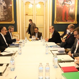 Iranian delegation led by Iran's chief nuclear negotiator Ali Baqer-Kani meets with European and E3 officials in Vienna on Dec. 2, 2021. (Photo via @PMIRAN_Vienna/Twitter)
