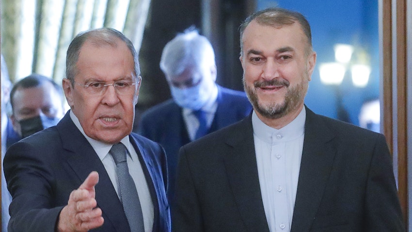 Russia's Foreign Minister Sergei Lavrov (L) and Iran's Foreign Minister Hossein Amir-Abdollahian meet in Moscow on Oct. 6, 2021. (Photo by TASS via Getty Images)