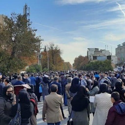 Teachers gather to protest for fair pay in Bushehr, Iran on Dec. 13, 2021. (Photo via Hamshahrionline)