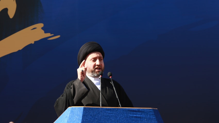 Shiite cleric and politician Ammar Al-Hakim speaks at a gathering of his supporters in Baghdad, Iraq on Feb. 12, 2021. (Photo via Getty Images)