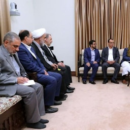 Hassan Irloo attends the meeting of Mohammed Abdulsalam, the spokesperson for Yemen's Ansarullah movement, with Iran's supreme leader in Tehran on Aug. 13, 2019. (Photo via Iran's supreme leader's website)