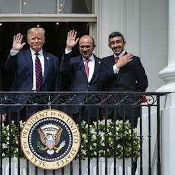 Then-Israeli premier Benjamin Netanyahu, then-US president Donald Trump, then-Bahrain Foreign Minister Khalid bin Ahmed Al Khalifa and UAE Foreign Minister Abdullah bin Zayed Al Nahyan at the White House on Sept. 15, 2020. (Photo via Getty Images)