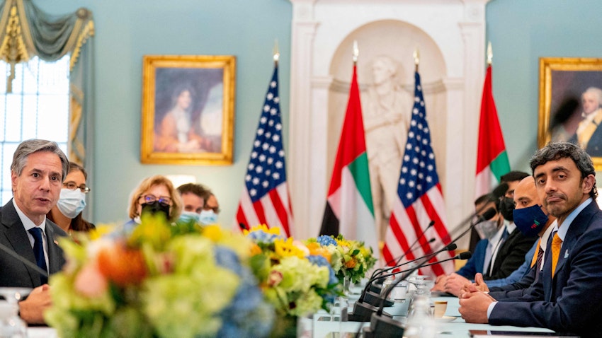 Secretary of State Antony Blinken and UAE's Foreign Minister Abdullah bin Zayed Al Nahyan participate in a bilateral meeting in Washington, Oct. 13, 2021. (Photo via Getty Images)