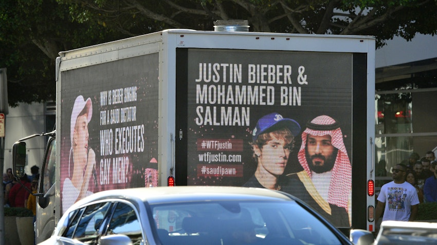 A mobile billboard urging Justin Bieber to cancel his upcoming concert in Saudi Arabia on Nov. 21, 2021 in Los Angeles, USA. (Photo via Getty Images)