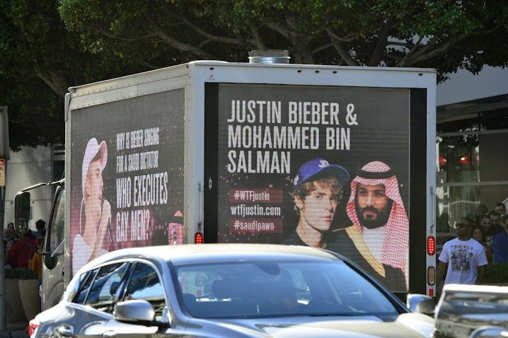 A mobile billboard urging Justin Bieber to cancel his upcoming concert in Saudi Arabia on Nov. 21, 2021 in Los Angeles, USA. (Photo via Getty Images)