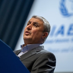 Atomic Energy Organization of Iran (AEOI) head Mohammad Eslami delivers a speech at the International Atomic Energy Agency in Vienna, Austria on Sept. 20, 2021. (Photo via Getty Images)