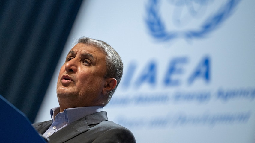 Atomic Energy Organization of Iran (AEOI) head Mohammad Eslami delivers a speech at the International Atomic Energy Agency in Vienna, Austria on Sept. 20, 2021. (Photo via Getty Images)