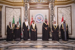 Leaders of Gulf Arab states take a group photo at the 42nd GCC Summit in Riyadh, Saudi Arabia on Dec. 14, 2021. (Photo via Getty Images)