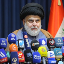 Muqtada Al-Sadr holds a press conference in Najaf, Iraq on Nov. 18, 2021. (Photo via Getty Images)
