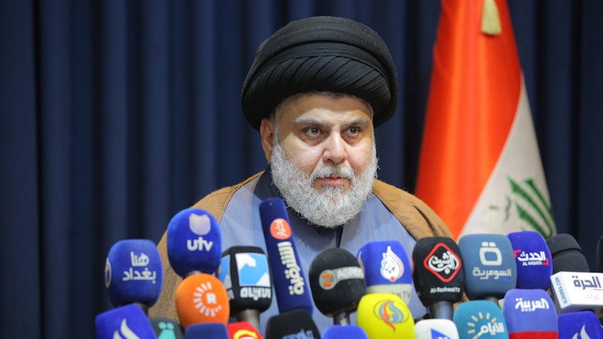 Muqtada Al-Sadr holds a press conference in Najaf, Iraq on Nov. 18, 2021. (Photo via Getty Images)