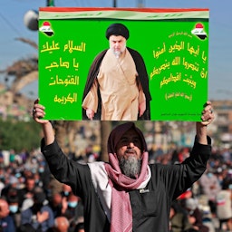 An Iraqi man holds a picture of Shiite cleric and politician Muqtada Al-Sadr during Friday prayers in Baghdad on Dec. 3, 2021. (Photo via Getty Images)