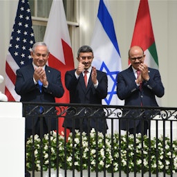 Israeli PM Benjamin Netanyahu, UAE FM Sheikh Abdullah bin Zayed Al Nahyan, and Bahraini FM Abdullatif bin Rashid Al-Zayani attend the signing ceremony of the Abraham Accords on Sept. 15, 2020 in Washington, DC. (Photo via Getty Images)