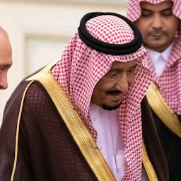Saudi Arabia's King Salman bin Abdulaziz receives Russian President Vladimir Putin in Riyadh, Saudi Arabia on Oct. 14, 2019. (Photo via Getty Images)