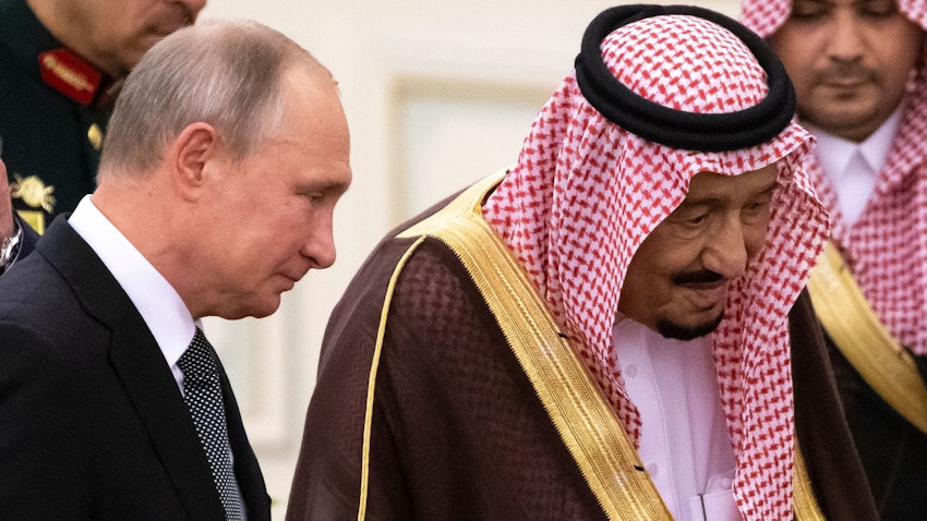 Saudi Arabia's King Salman bin Abdulaziz receives Russian President Vladimir Putin in Riyadh, Saudi Arabia on Oct. 14, 2019. (Photo via Getty Images)