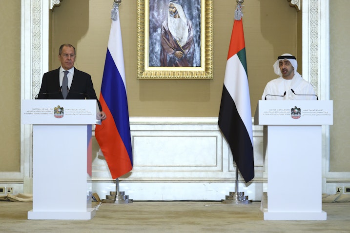 Russian Foreign Minister Sergey Lavrov with his Emirati counterpart Sheikh Abdullah bin Zayed bin Sultan Al Nahyan in Abu Dhabi on Mar. 9, 2021. (Photo via Getty Images)