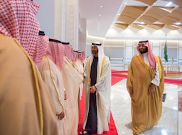 Saudi Crown Prince Mohammed bin Salman Al Saud is welcomed by Emirati Crown Prince Mohammed bin Zayed Al Nahyan in Abu Dhabi, UAE on Nov. 22, 2018. (Photo via Getty Images)