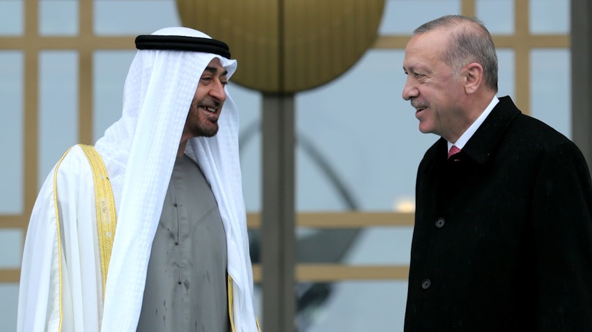 Turkish President Recep Tayyip Erdogan welcomes Abu Dhabi's Crown Prince Sheikh Mohammed bin Zayed Al Nahyan in Ankara on Nov. 24, 2021. (Photo via Getty Images)