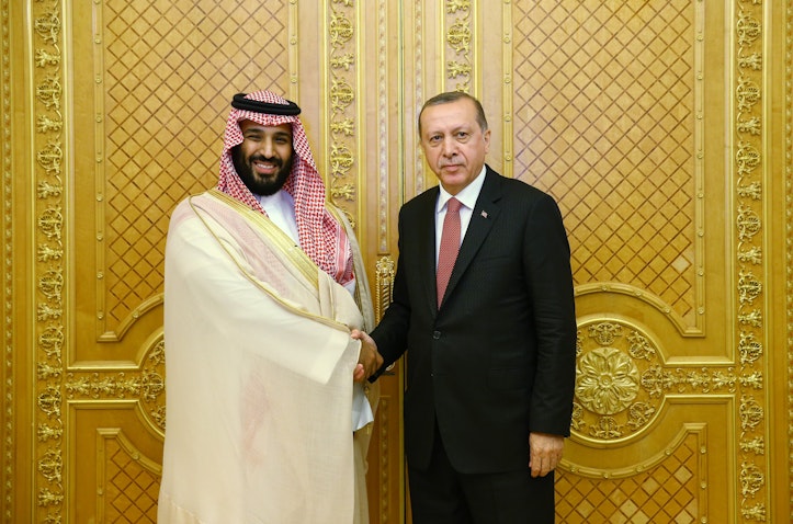 Turkish President Recep Tayyip Erdogan and Saudi Crown Prince Mohammed bin Salman Al Saud in Jeddah, Saudi Arabia on July 23, 2017. (Photo via Getty Images)
