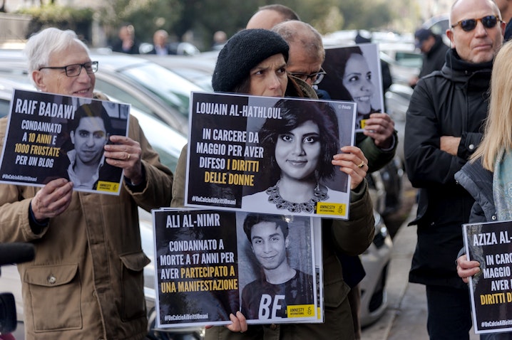 Protesters denounce Saudi human rights abuses in front of the Saudi Embassy in Rome on Jan. 16, 2019. (Photo via Getty Images)
