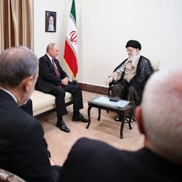 Iranian Supreme Leader Ayatollah Ali Khamenei meets Russian President Vladimir Putin in Tehran, Iran, on Sept. 7, 2018. (Photo via Khamenei.ir)