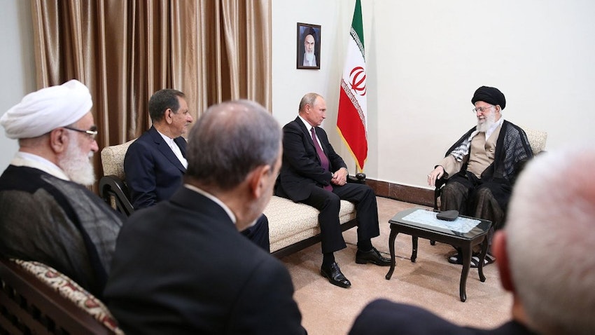 Iranian Supreme Leader Ayatollah Ali Khamenei meets Russian President Vladimir Putin in Tehran, Iran, on Sept. 7, 2018. (Photo via Khamenei.ir)