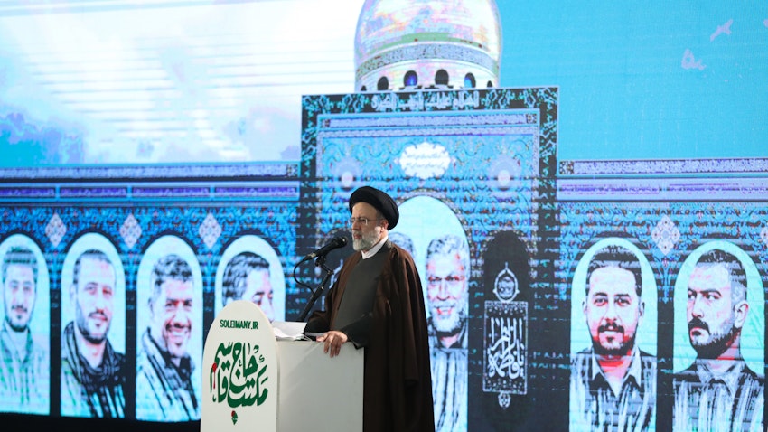 Iranian President Ebrahim Raisi speaks on the occasion of the second anniversary of the killing of Qasem Soleimani in Tehran, Iran on Jan. 3, 2022.  (Photo via President.ir)