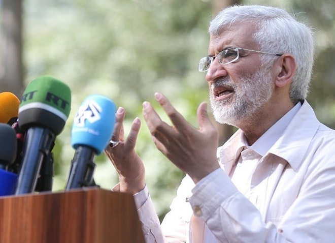 Saeed Jalili, 2021 presidential candidate, giving a speech during one of his campaign events in Tehran on June 15, 2021. (Photo by Mohammad Hossein Movahedi Nejad via Tasnim News Agency)