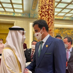Qatar's Emir Sheikh Tamim bin Hamad Al Thani meets with Abu Dhabi's Crown Prince Mohammed bin Zayed Al Nahyan in Beijing on Feb. 5, 2022. (Handout photo via Twitter)