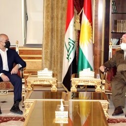 KDP leader Masoud Barzani meets PUK Co-President Bafel Talabani in Erbil, Iraq on Nov. 15, 2021. (Photo via Shafaq)