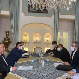 Russian and Iranian nuclear negotiators meet in Vienna, Austria on Feb. 13, 2022. (Source: Mikhail Ulyanov/Twitter)