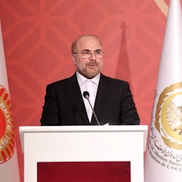 Speaker of the Iranian Parliament Mohammad Baqer Qalibaf speaks during the 16th PUIC Conference in Istanbul, Turkey on Dec. 10, 2021. (Photo via IRNA)