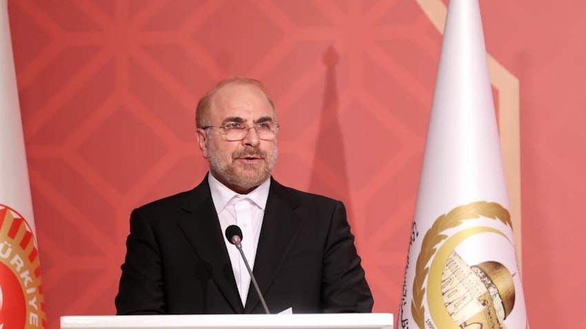 Speaker of the Iranian Parliament Mohammad Baqer Qalibaf speaks during the 16th PUIC Conference in Istanbul, Turkey on Dec. 10, 2021. (Photo via IRNA)