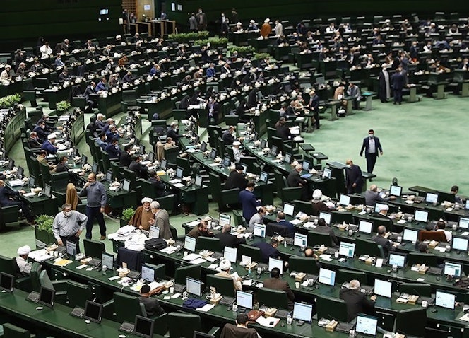 Iran's parliament open session on Feb. 23, 2022. (Photo by Mohammad Hassanzadeh via Tasnim News Agency)
