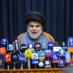 Iraqi Shiite cleric and politician Muqtada Al-Sadr holds a press conference in Najaf, Iraq on Nov. 18, 2021. (Photo via Getty Images)