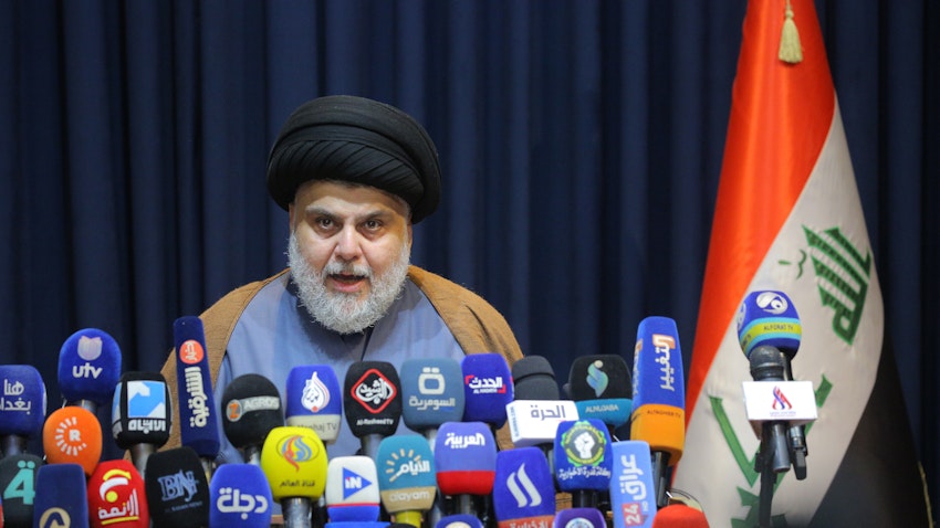 Iraqi Shiite cleric and politician Muqtada Al-Sadr holds a press conference in Najaf, Iraq on Nov. 18, 2021. (Photo via Getty Images)
