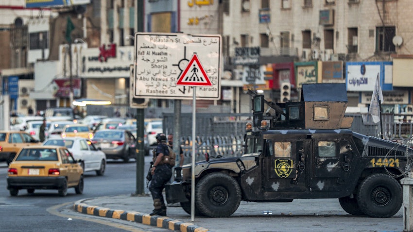 An Iraqi security forces' humvee is deployed at Baghdad's central Tahrir Square on Nov. 9, 2021. (Photo via Getty Images)