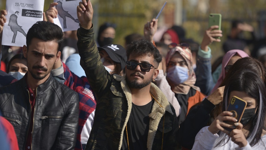 Students demonstrate against the Kurdistan Regional Government in Sulaimaniyah, Kurdistan Region of Iraq on Nov. 24, 2021. (Photo via Getty Images)