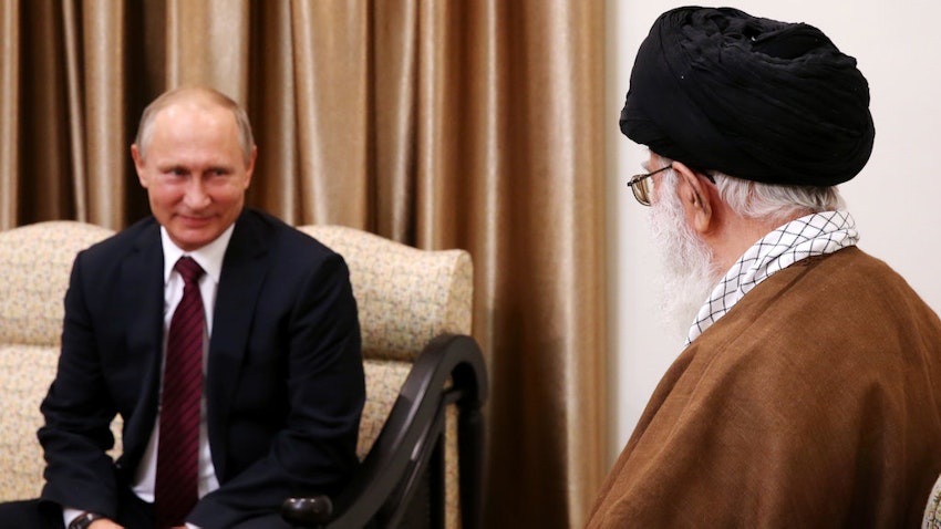 Iran's Supreme Leader Ayatollah Ali Khamenei meets Russia's President Vladimir Putin in Tehran on Nov. 1, 2017. (Photo via Iran's leader's website)