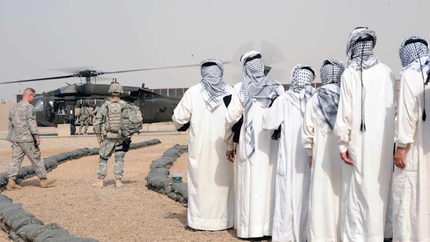  Sunni sheikhs representing the Sons of Iraq in a US military base in eastern Baghdad, Iraq on May 16, 2009. (Photo by James Selesnick via Wikimedia Commons)