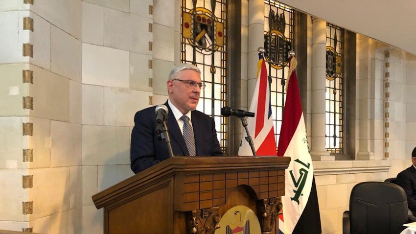 Iraqi ambassador to the United Kingdom Mohammad Jaafar Al-Sadr gives a speech in Manchester on July 17, 2021. (Source: Embassy of Iraq - London/Facebook)